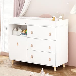 White Wood 4-Drawer, 44.9 in. W Wood Chest of Drawers Nursery Storage Organizer With Changing Table Open Shelf