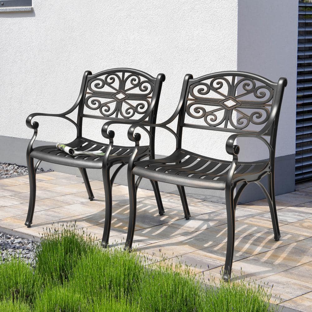 Black with Gold-Painted Edges Cast Aluminum Outdoor Dining Chairs with Armrests (2-Pack) price history on PriceWatchPro