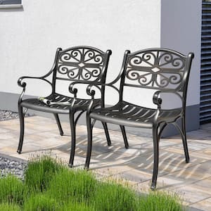 Black with Gold-Painted Edges Cast Aluminum Outdoor Dining Chairs with Armrests (2-Pack)