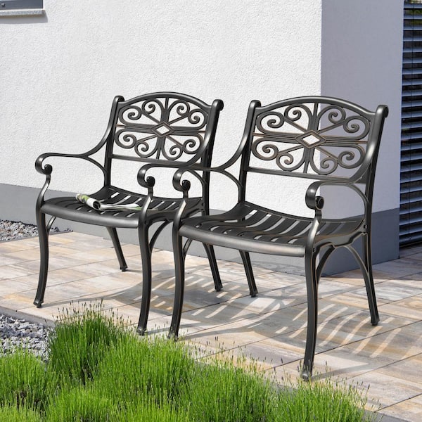 Nuu Garden Black with Gold-Painted Edges Cast Aluminum Outdoor Dining Chairs with Armrests (2-Pack)
