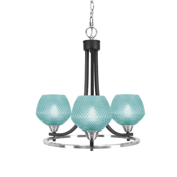 Madison 17.25 in. 3 Light Matte Black & Nickel Chandelier Light with 6" Turquoise Glass Shades, No bulbs included