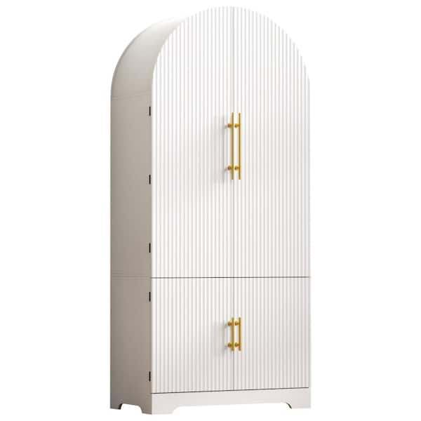 72in White Fluted Tall Arched Kitchen Pantry Storage Cabinet with 8 Door Shelves