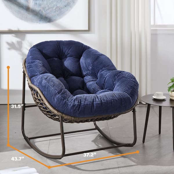 Rattan Metal Outdoor Rocking Chair with Navy Blue Padded Cushion Lounge Chair for Front Porch, Living Room, Patio