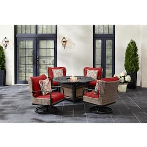 Hazelhurst 5-Piece Brown Wicker Outdoor Patio Fire Pit Seating Set with CushionGuard Chili Red Cushions