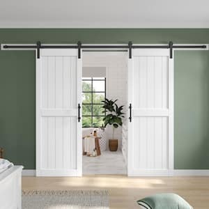 64 in. x 84 in. (Double 32 in doors) White Paneled H Shape Solid MDF Sliding Barn Door with Hardware Kit