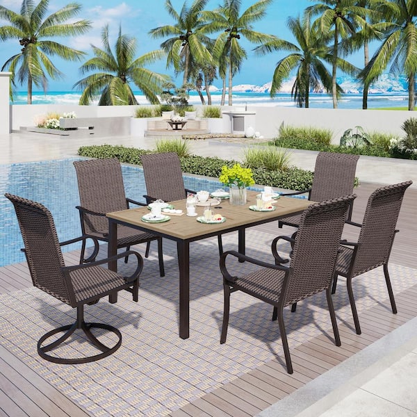 PHI VILLA Black 7-Piece Metal Outdoor Dining Set with Brown Rectangular Table-Top and Brown Rattan Swivel Chairs
