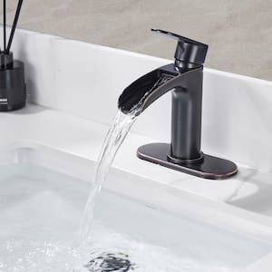 Waterfall Single Hole Single Handle Mid-Arc Bathroom Faucet with Deckplate, Pop Up Drain Assembly in Oil Rubbed Bronze