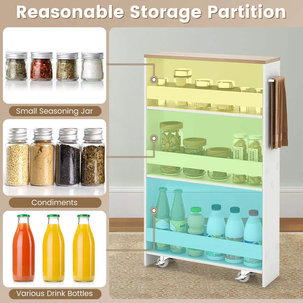 Rolling Kitchen White Slim Storage Cart Mobile Shelving Organizer with Handle - thumbnail 6