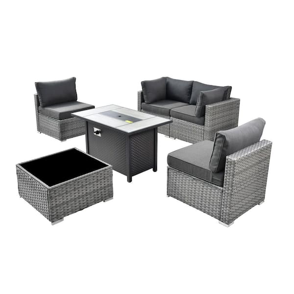 Sanibel Gray 6-Piece Wicker Outdoor Patio Conversation Sofa Sectional Set with a Metal Fire Pit and Black Cushions