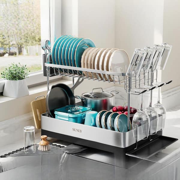 2-Tier Countertop Dish Rack, Extra Large Stainless Steel Dish Rack, Multifunctional Dish Drainers for Kitchen Counter