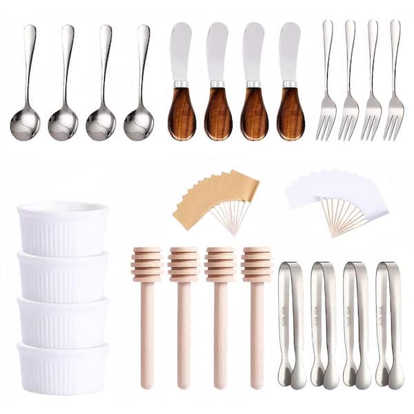 25-Pack Silver Stainless Steel Wooden Handle Charcuterie Accessories Cheese Spreaders Serving Spoons Toothpick Bowl