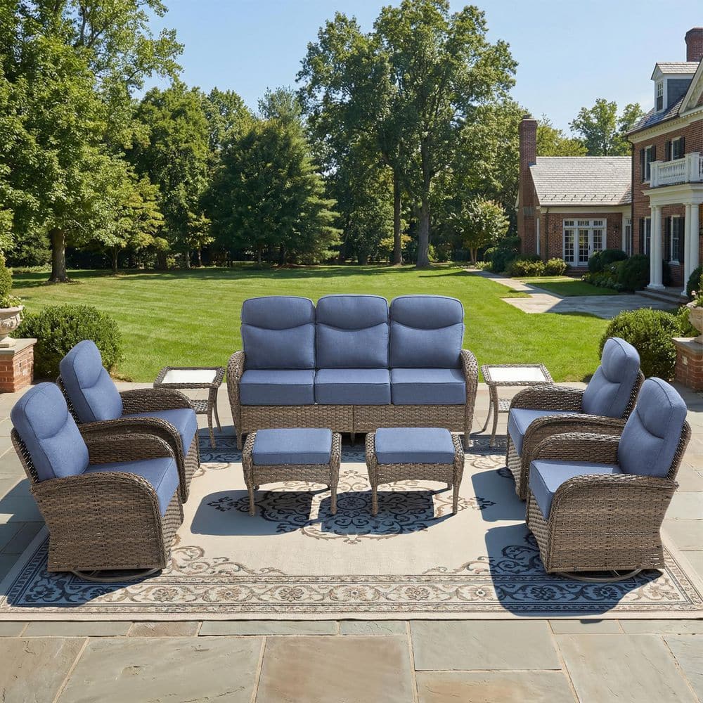 Goyal Brown 9-Piece Wicker Patio Conversation Swivel Glider Set Outdoor Sofa Seating Set with 6 in. Blue Cushions price history on PriceWatchPro