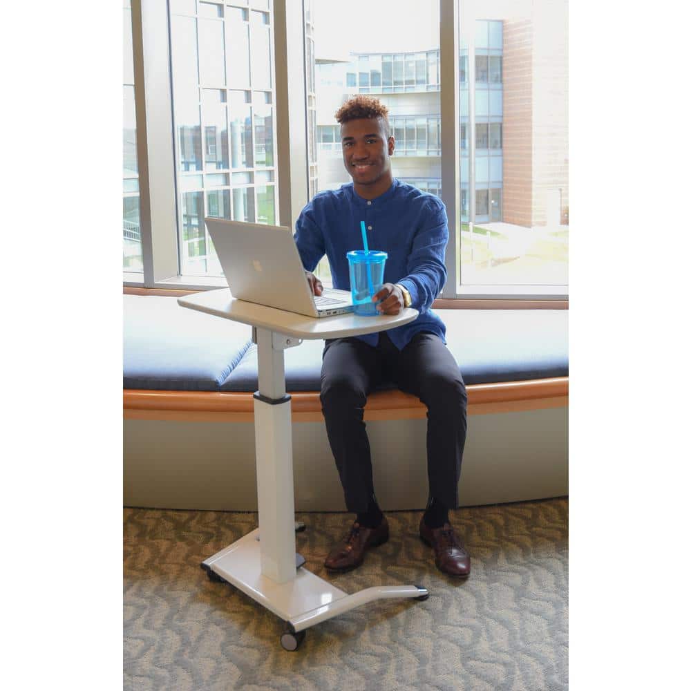 White Adjustable Height Mobile Standing Desk with Pneumatic Foot Pedal
