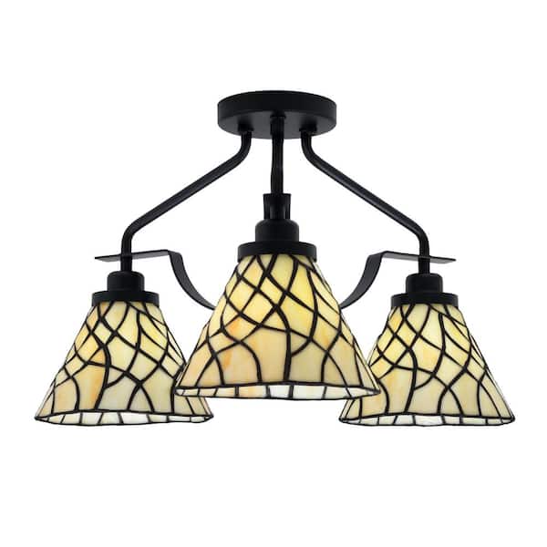 Unbranded Zara 17.75 in. 3-Light Matte Black Semi-Flush with 7 in. Sandhill Art Glass Shades No Bulbs Included