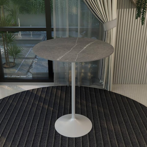 Leisuremod Round 36 in. Bar Height Dining Table with Sintered Stone Top and White Steel Pedestal Base Verve Series in Marble Grey