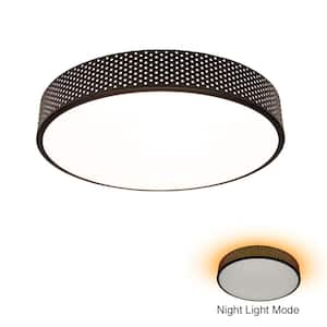 15.5 in. Black Round LED Flush Mount with Perforated Design and Night Light Feature Adjustable CCT 1600 Lumens Dimmable