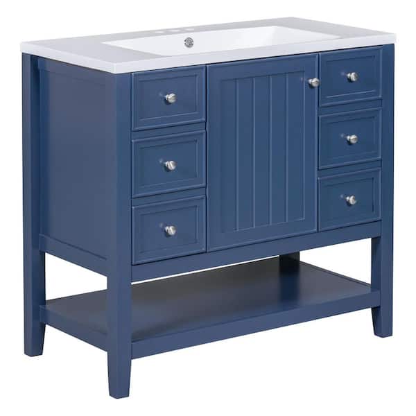 36.02 in. W x 18.31 in. D x 33.6 in. H Single Sink Freestanding Bath Vanity in Blue with White Ceramic Top