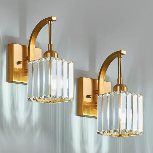 Home Lighting Fixture Width 4.72 in.  1-Light Gold Square Crystal Modern Vanity Lights Wall Lamp for Bathroom 2Pack