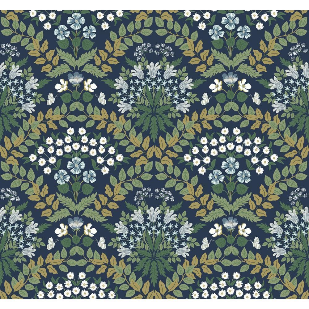 Scandinavian Navy Blue Floral & Butterfly 27' Wallpaper Roll