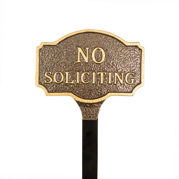4.5 in. x 7.15 in. Petite Montague No Soliciting Statement Plaque Sign with Lawn Stake - Hammered Bronze/Gold