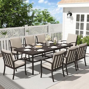 AluLux 9-Piece Dark Brown Aluminum Ourdoor Dining Set with Rectangular Table and Washable Sandspit Brown Cushions