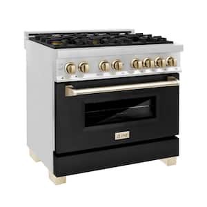Autograph Edition 36 in. 6-Burner Dual Fuel Range with Matte Black Door and Polished Gold Accents