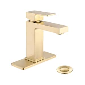 Thi Single-Handle Single-Hole Bathroom Sink Faucet with Pop-Up Drain Deck Plate Vanity Sink Faucet in Brushed Gold