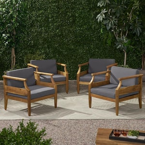 Aston Teak Brown Removable Cushions Wood Outdoor Patio Lounge Chair with Dark Grey Cushion (4-Pack)