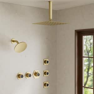 Thermostatic 5-Spray 12 and 6 in. Dual Shower Heads Ceiling Mount Fixed and Handheld Shower Head in Brushed Gold