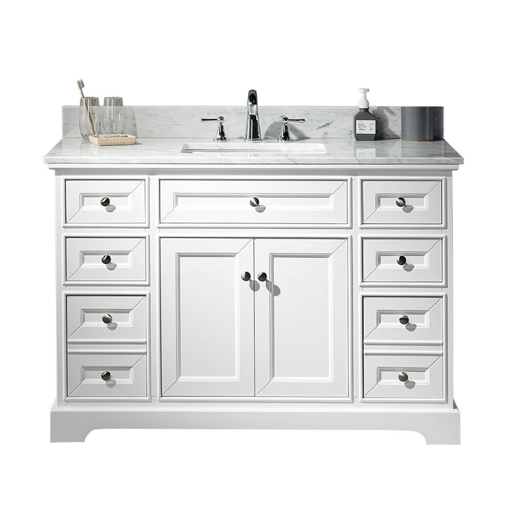 Woodbridge London 49 In W X 22 In D X 33 In H Bathroom Vanity In White With Carrara White Marble Vanity Top With White Basin Hv1016 The Home Depot