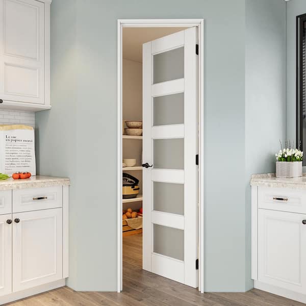 24 in. x 80 in. 5-Lite Frosted Glass Left White Solid Core Wood Single Interior Door with Quick Assemble Jamb