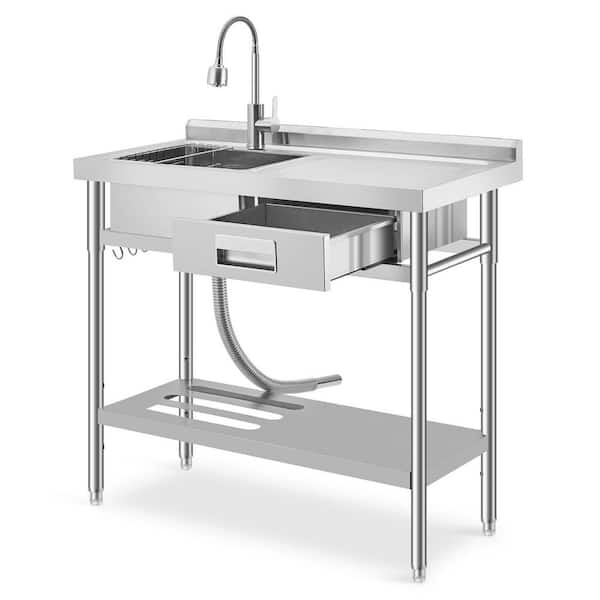 Freest&ing Laundry/Utility Sink, Stainless Steel Single Bowl with Drawer Storage, Cold Hot Water Pipe, Adjustable Shelf