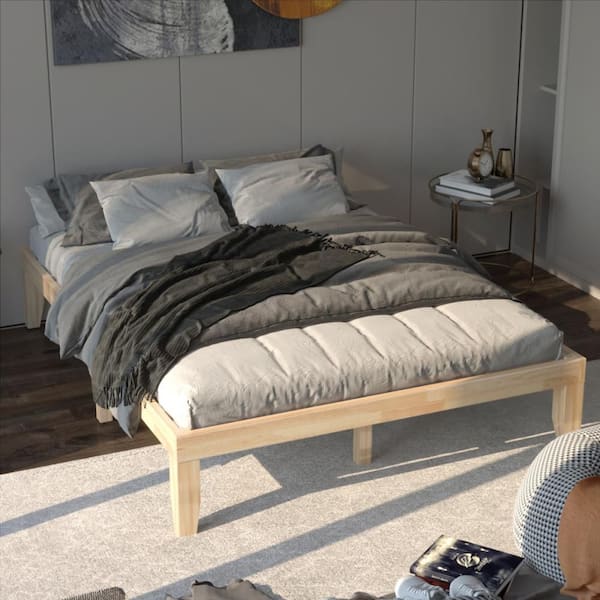 Beige Wooden Frame Queen Size 14 in. Mattress Platform Bed Wood Slats Support