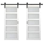 72 in. x 84 in. 5 Lite Ready to Hang Frosted Glass White MDF Double Sliding Barn Door with Hardware Kit and Handle
