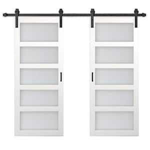 72 in. x 84 in. 5 Lite Ready to Hang Frosted Glass White MDF Double Sliding Barn Door with Hardware Kit and Handle