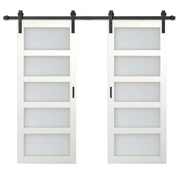72 in. x 84 in. 5 Lite Ready to Hang Frosted Glass White MDF Double Sliding Barn Door with Hardware Kit and Handle