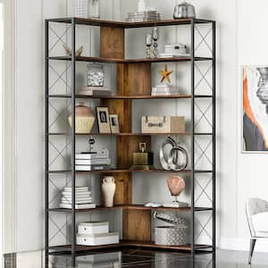 70.9 in. Brown Wood 7-Shelf Accent Bookcase with Metal Frame Home Office Industrial L-Shaped Corner Open Bookshelf