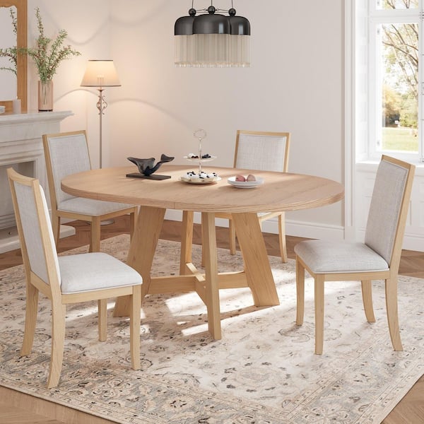 5-Piece Natural Farmhouse Extendable Oval Wood Top Dining Table Set Seats 4 with 18 in. Removable Leaf and 4 Chairs