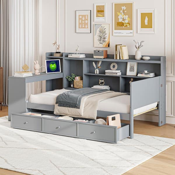 Harper & Bright Designs Gray Twin Size Daybed with Built-in Desk