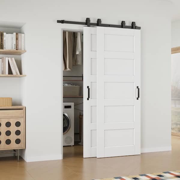 52 in. x 80 in. (Double 30 in.) Paneled 5-Lite White Primed Solid Core MDF Sliding Barn Door with Hardware Kit Bypass