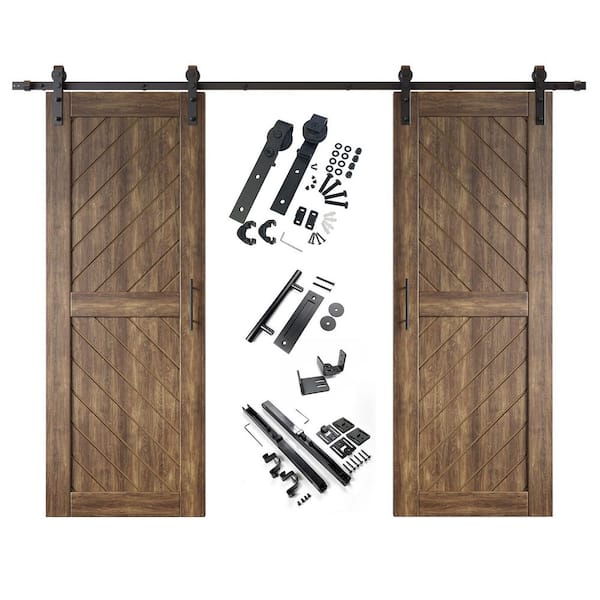 HOMACER XT3 30 in. x 80 in. C-Panel Dark Walnut Slanted Stripe Design Double Pine Wood Sliding Barn Door with Hardware Kit
