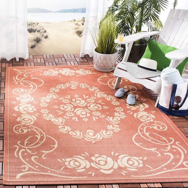 Courtyard Terracotta/Natural 5 ft. x 8 ft. Floral Indoor/Outdoor Patio  Area Rug