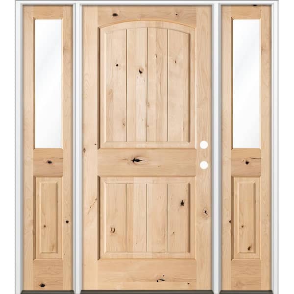 64 in. x 80 in. Knotty Alder Arch Top Left-Hand/Inswing Clear Glass Unfinished Wood Prehung Front Door w/ DHSL