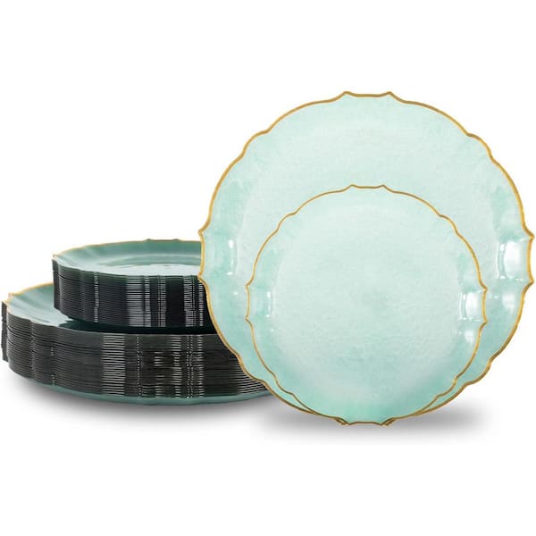 Translucent Green Disposable Plastic Plates with Gold Rim (50-Piece)