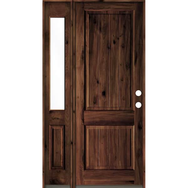 Krosswood Doors 56 in. x 96 in. Rustic Knotty Alder Left-Hand/Inswing Clear Glass Red Mahogany Stain Wood Prehung Front Door w/Sidelite