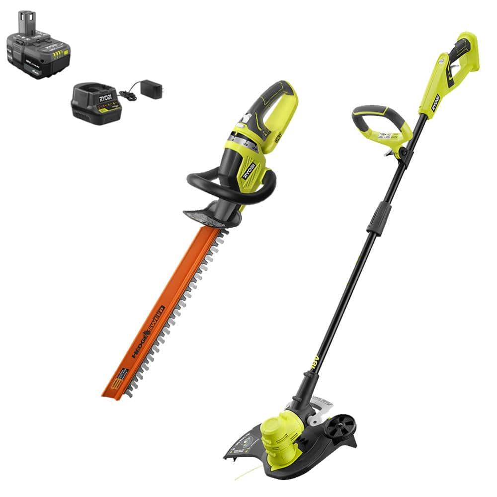 RYOBI ONE+ 18V 13 in. Cordless Battery String Trimmer/Edger and 22 in.  Hedge Trimmer with 4.0 Ah Battery and Charger P2080-HDG The Home Depot