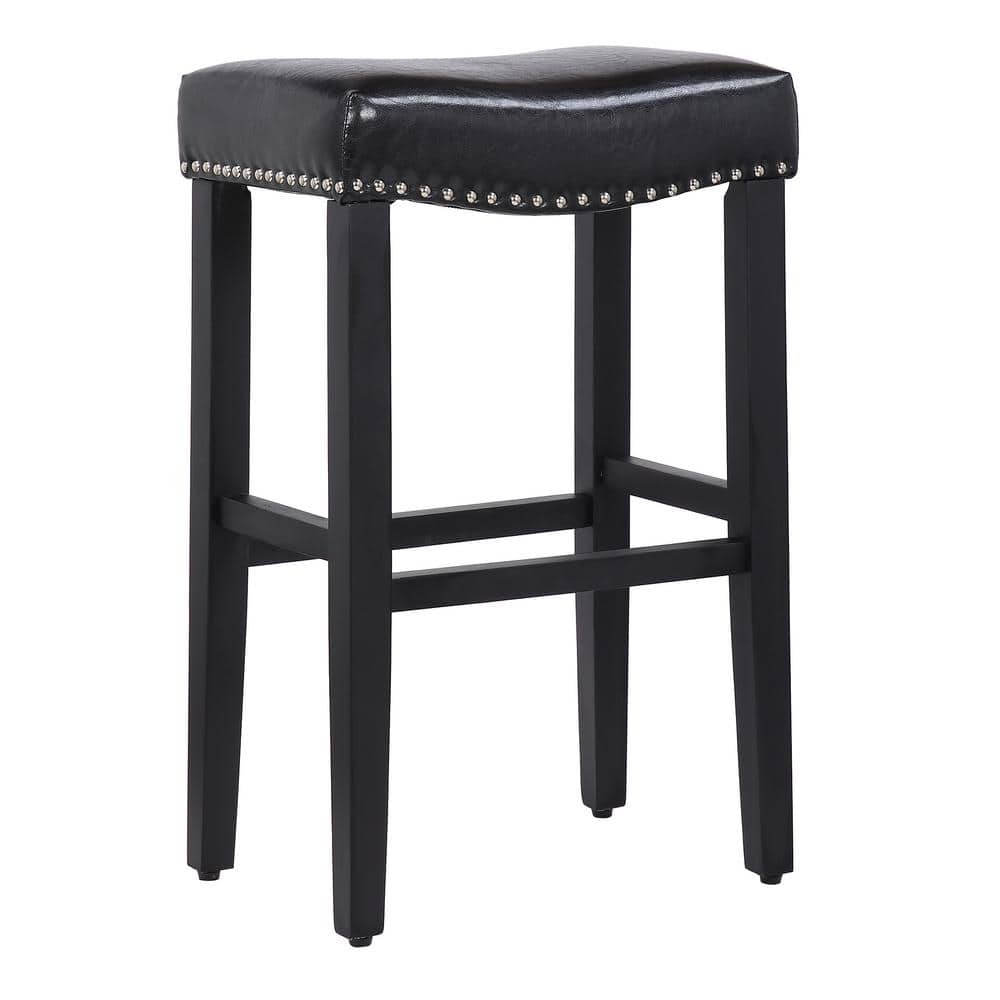 29" Black Leather Upholstered Saddle Bar Stool with Chrome Accents