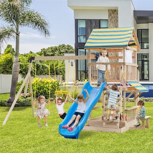 Beige Outdoor Residential Wooden Swing Set Slide Playset for Kids Outdoor Climbing Wall Sandpit