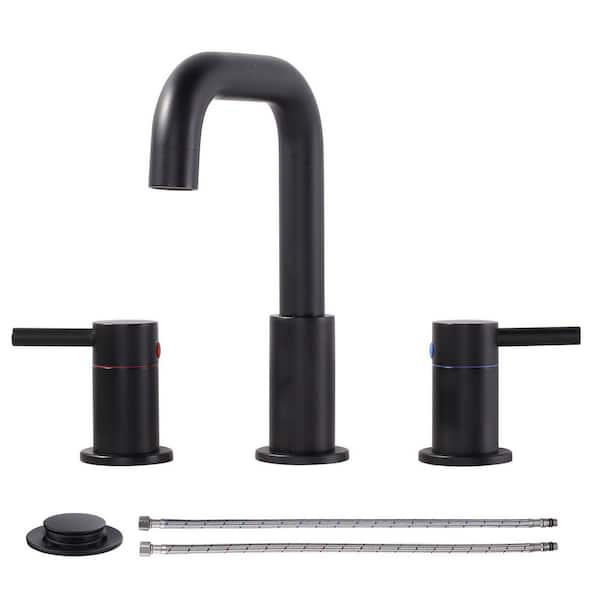 WOWOW 8 in. Widespread Double Handle Bathroom Basin Faucet with Drain Kit in Black