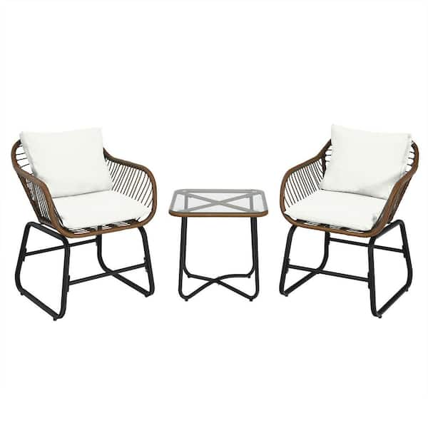 WELLFOR 3-Piece Wicker Patio Conversation Set with White Cushions